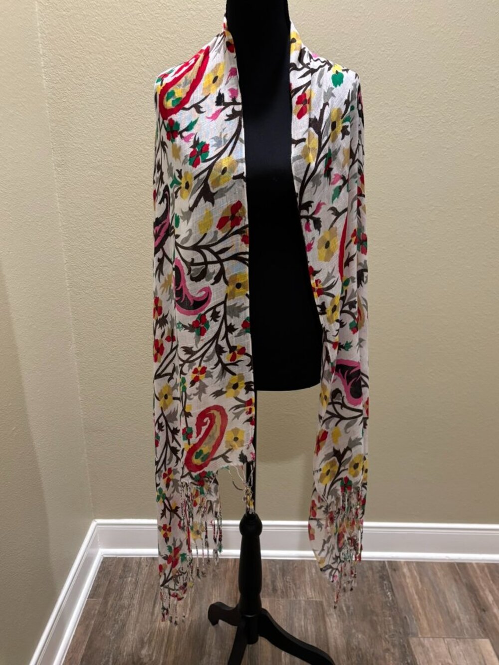 Floral Scarf Wrap White Red Yellow Green Brown Fringed Edges